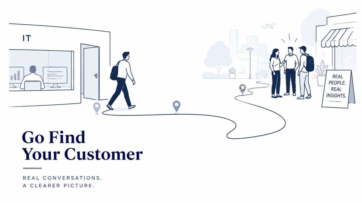 Illustration titled 'Go Find Your Customer — Real conversations. A clearer picture.' showing a person walking from an IT office out to a group of real customers outside a storefront.