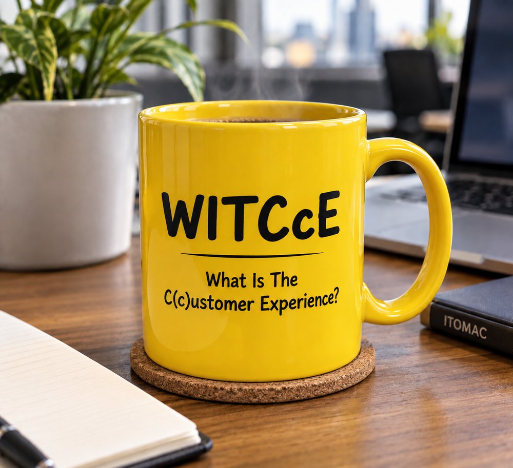 A yellow coffee mug printed with the WITCcE wordmark and the question, What Is The C(c)ustomer Experience?